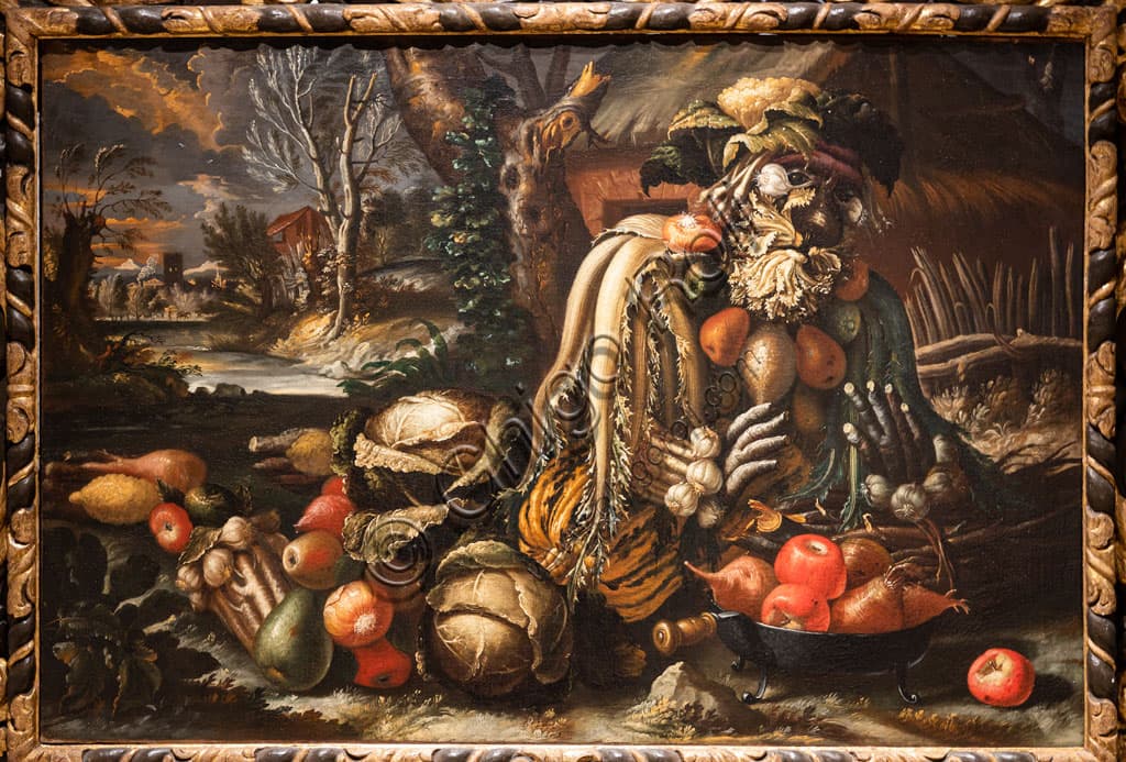 Dipinto Inverno di Antonio Rasio, composizione di frutti e fiori in stile Arcimboldo, Pinacoteca Tosio Martinengo Brescia