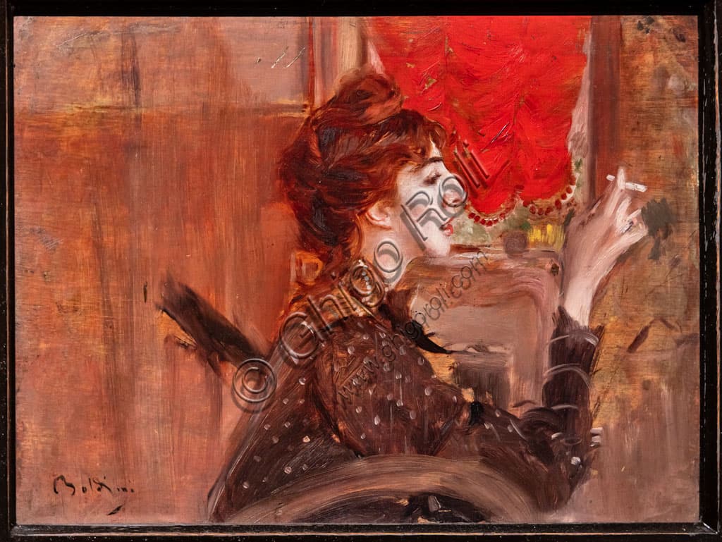 Dettaglio del dipinto La Tenda Rossa, Giovanni Boldini 1904, olio su tavola che ritrae una figura femminile