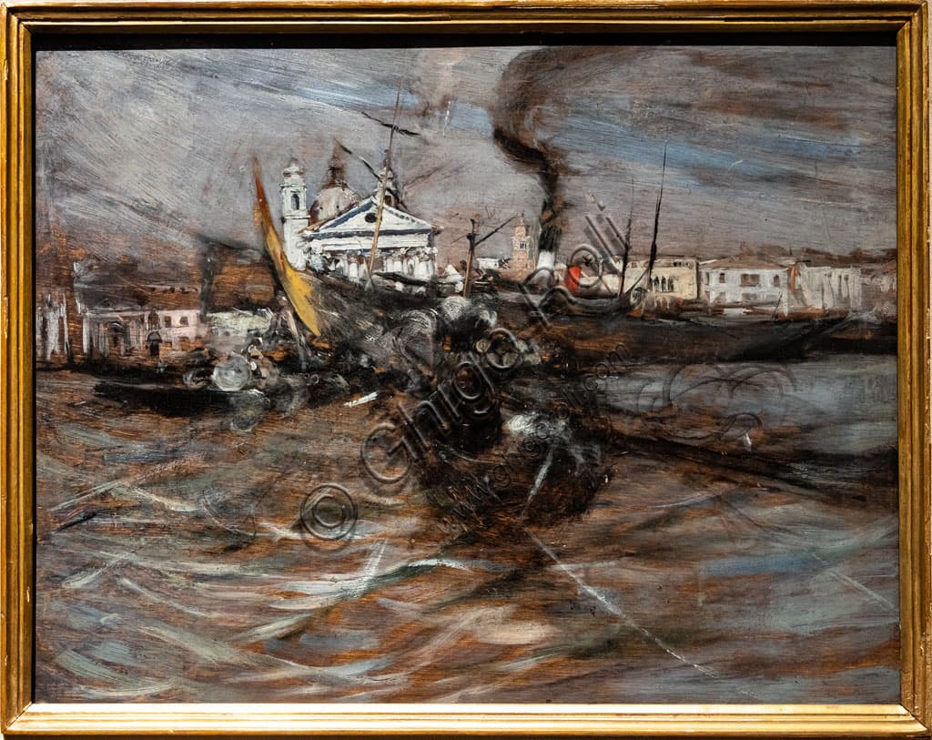 Dipinto 'Navi a Venezia' di Giovanni Boldini, olio su tavola del 1887 raffigurante barche a Venezia