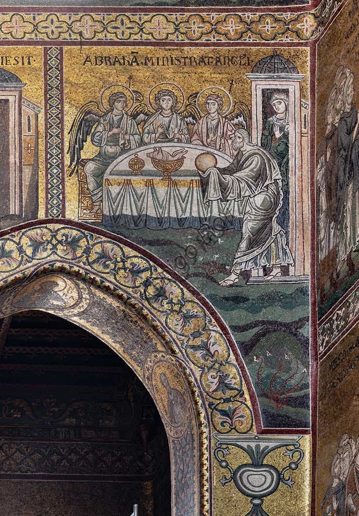 Mosaico bizantino Abramo serve i tre angeli, Duomo di Monreale, Sicilia
