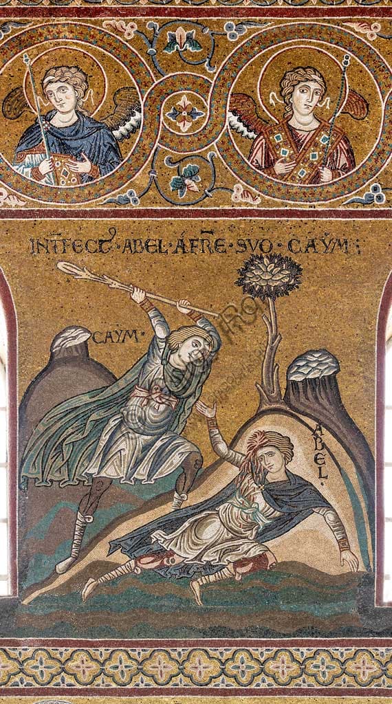 Mosaico bizantino del Duomo di Monreale: Caino uccide Abele, iscrizione latina, XII-XIII secolo