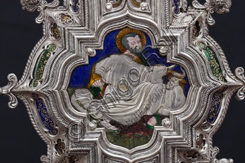Detail of the Cross of St. John's Treasure: figure of Saint Luke the Evangelist with the ox, Renaissance silverwork, Opera del Duomo Museum Florence